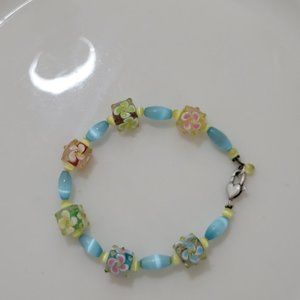 Lamp Work 3D Venetian Italian Art Glass Flower Beads Bracelet with a Heart Clasp